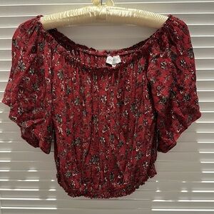 Luck & Trouble Burgundy Floral Off Shoulder Smocked Flutter Sleeve Top (AUS)